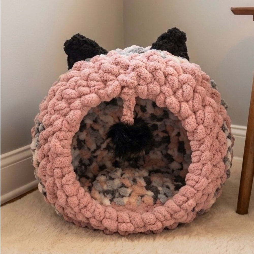 Handmade !! Cozy Pink Plush Cat Cave Bed with Pom Toy